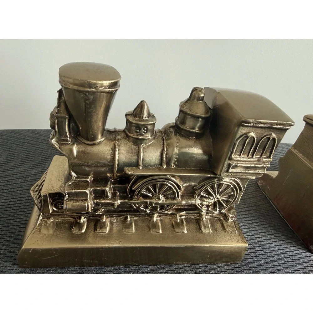 Vintage Solid Brass Metal Train Bookends Steam Locomotive and Caboose Set